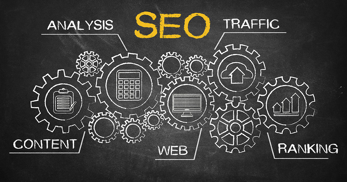 Gears with SEO and content strategy keywords which represent the inner workings of a manufacturing SEO agency.